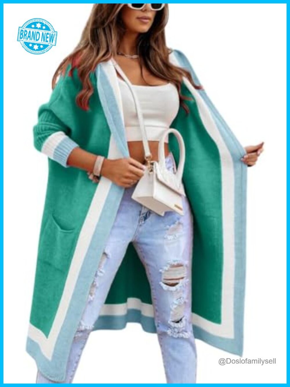 Women's Color Block Striped Hooded Knit Long Cardigan Oversized Open Front